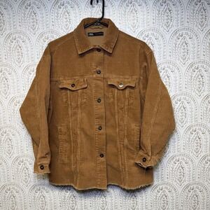 Zara Womens XS Corduroy Jacket Camel Brown Frayed Hem Oversized Button Down